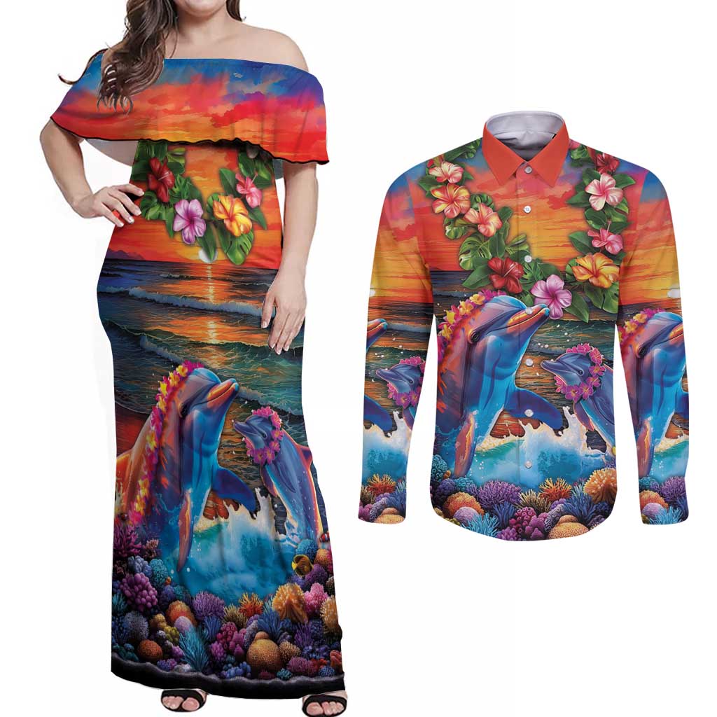 Hawaiian Lei Day Couples Matching Off Shoulder Maxi Dress and Long Sleeve Button Shirt Dolphins with Colorful Corals and Romantic Sunset