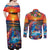 Hawaiian Lei Day Couples Matching Off Shoulder Maxi Dress and Long Sleeve Button Shirt Dolphins with Colorful Corals and Romantic Sunset