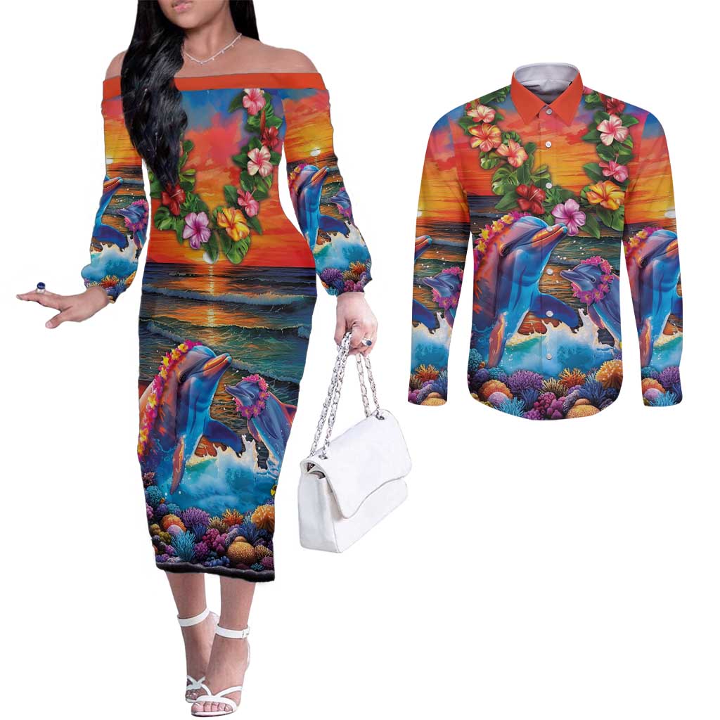 Hawaiian Lei Day Couples Matching Off The Shoulder Long Sleeve Dress and Long Sleeve Button Shirt Dolphins with Colorful Corals and Romantic Sunset