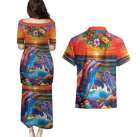 Hawaiian Lei Day Couples Matching Puletasi and Hawaiian Shirt Dolphins with Colorful Corals and Romantic Sunset