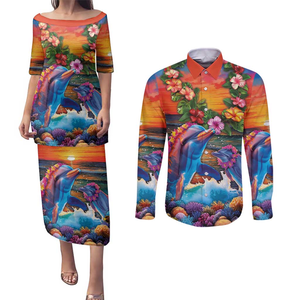 Hawaiian Lei Day Couples Matching Puletasi and Long Sleeve Button Shirt Dolphins with Colorful Corals and Romantic Sunset