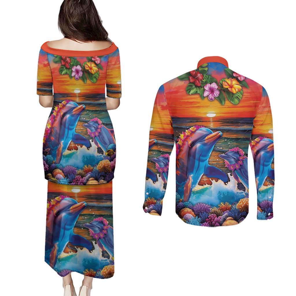 Hawaiian Lei Day Couples Matching Puletasi and Long Sleeve Button Shirt Dolphins with Colorful Corals and Romantic Sunset