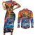 Hawaiian Lei Day Couples Matching Short Sleeve Bodycon Dress and Long Sleeve Button Shirt Dolphins with Colorful Corals and Romantic Sunset