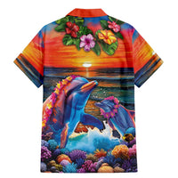 Hawaiian Lei Day Family Matching Mermaid Dress and Hawaiian Shirt Dolphins with Colorful Corals and Romantic Sunset