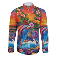 Hawaiian Lei Day Family Matching Mermaid Dress and Hawaiian Shirt Dolphins with Colorful Corals and Romantic Sunset