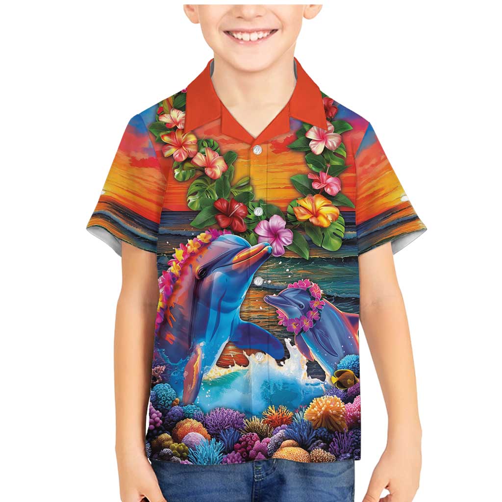 Hawaiian Lei Day Family Matching Mermaid Dress and Hawaiian Shirt Dolphins with Colorful Corals and Romantic Sunset