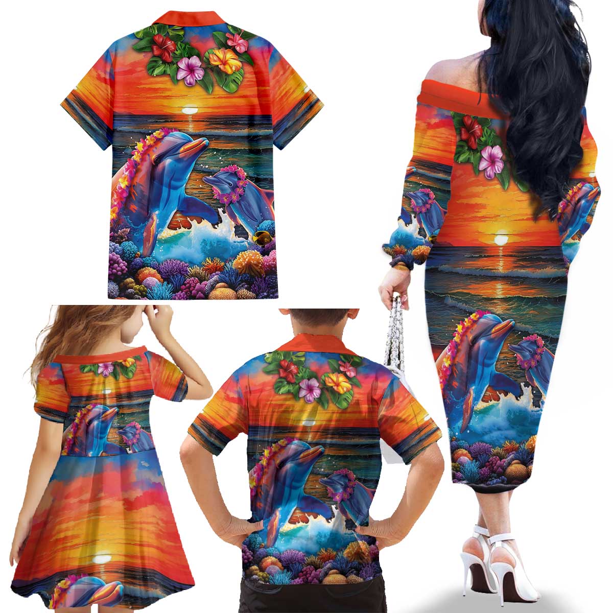 Hawaiian Lei Day Family Matching Off The Shoulder Long Sleeve Dress and Hawaiian Shirt Dolphins with Colorful Corals and Romantic Sunset