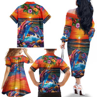 Hawaiian Lei Day Family Matching Off The Shoulder Long Sleeve Dress and Hawaiian Shirt Dolphins with Colorful Corals and Romantic Sunset