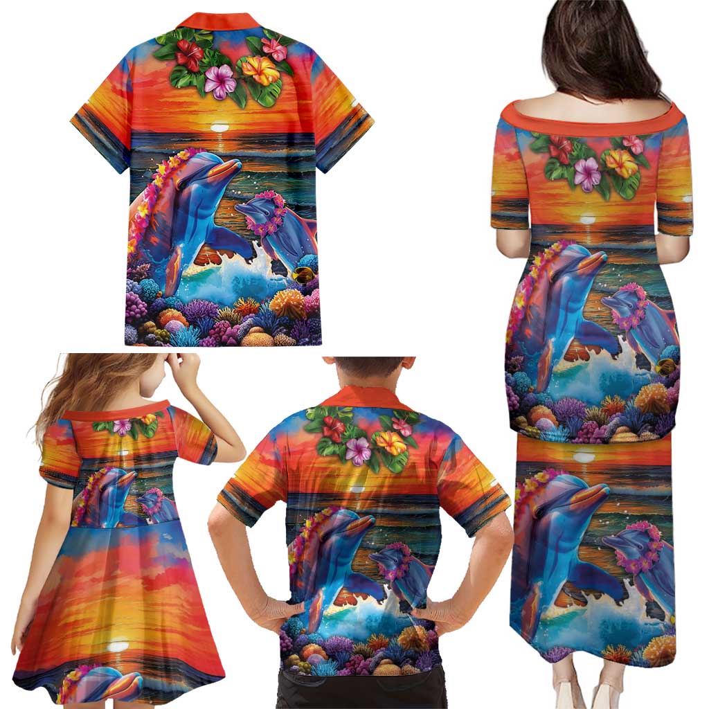 Hawaiian Lei Day Family Matching Puletasi and Hawaiian Shirt Dolphins with Colorful Corals and Romantic Sunset