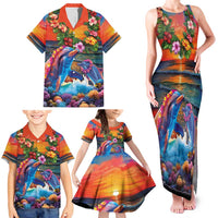 Hawaiian Lei Day Family Matching Tank Maxi Dress and Hawaiian Shirt Dolphins with Colorful Corals and Romantic Sunset