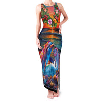 Hawaiian Lei Day Family Matching Tank Maxi Dress and Hawaiian Shirt Dolphins with Colorful Corals and Romantic Sunset