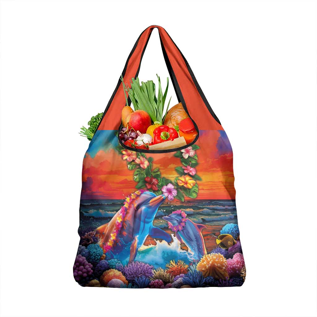 Hawaiian Lei Day Grocery Bag Dolphins with Colorful Corals and Romantic Sunset