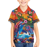 Hawaiian Lei Day Hawaiian Shirt Dolphins with Colorful Corals and Romantic Sunset