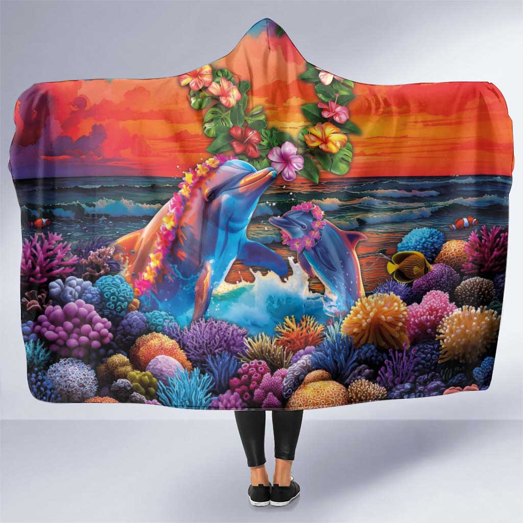 Hawaiian Lei Day Hooded Blanket Dolphins with Colorful Corals and Romantic Sunset