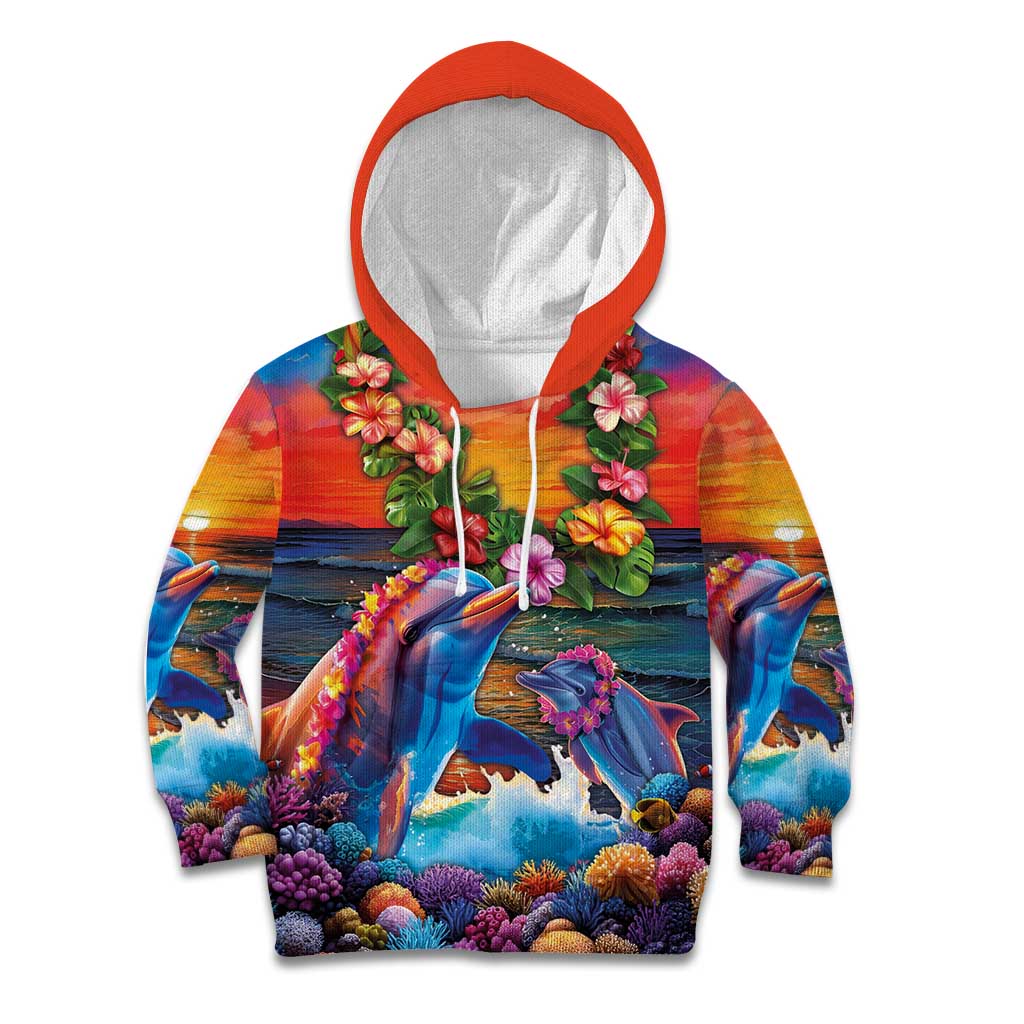 Hawaiian Lei Day Kid Hoodie Dolphins with Colorful Corals and Romantic Sunset