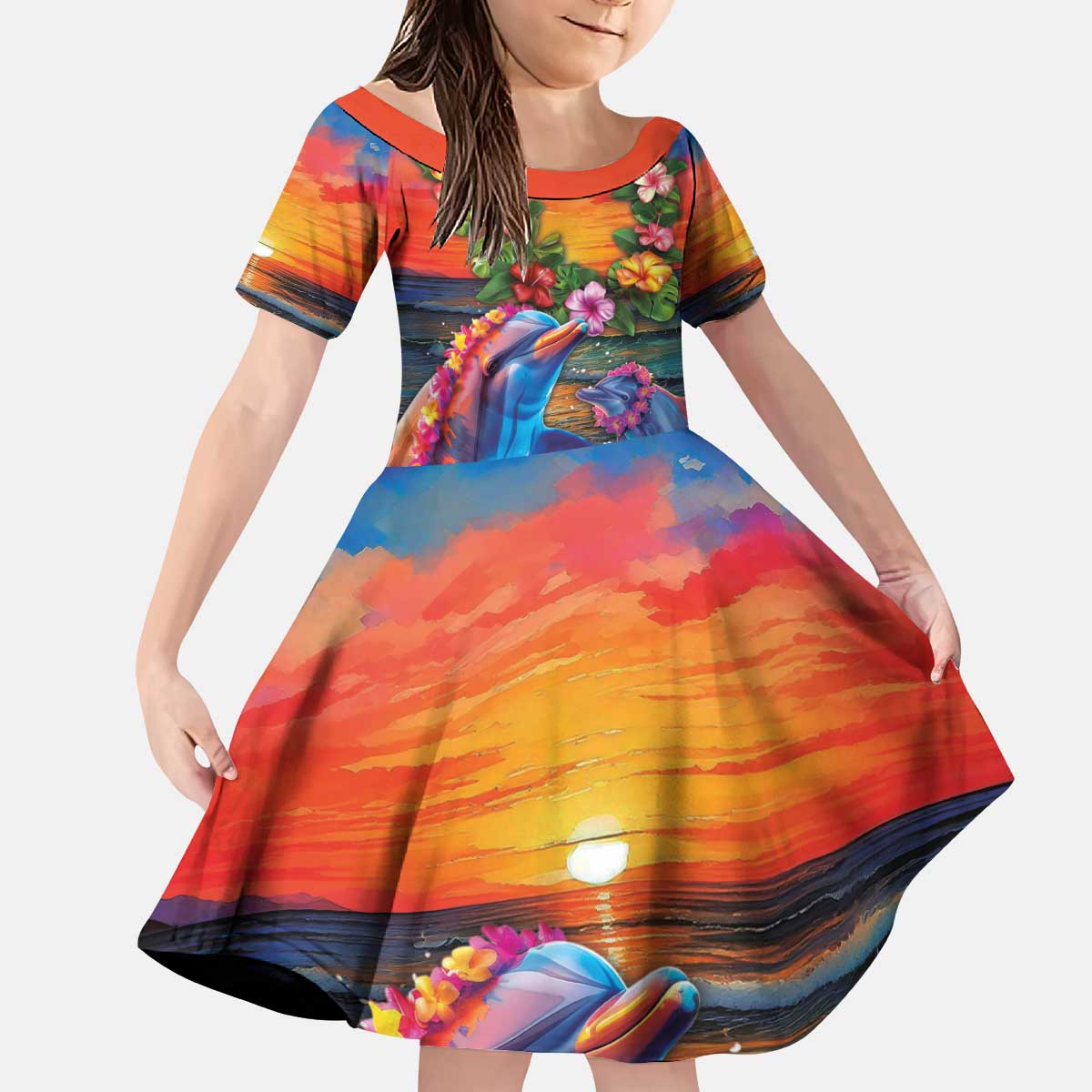 Hawaiian Lei Day Kid Short Sleeve Dress Dolphins with Colorful Corals and Romantic Sunset