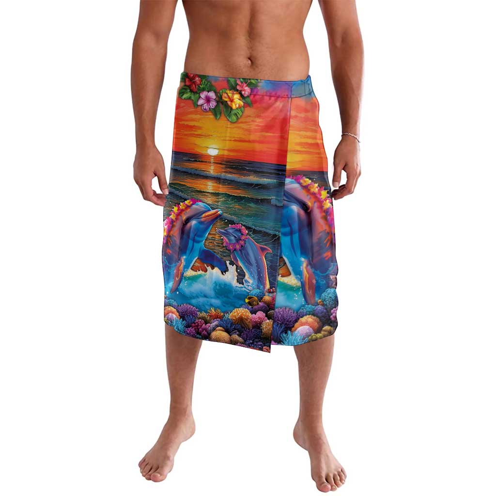 Hawaiian Lei Day Lavalava Dolphins with Colorful Corals and Romantic Sunset