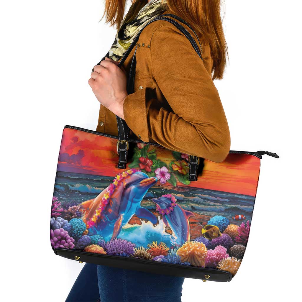 Hawaiian Lei Day Leather Tote Bag Dolphins with Colorful Corals and Romantic Sunset