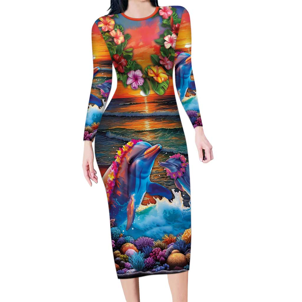 Hawaiian Lei Day Long Sleeve Bodycon Dress Dolphins with Colorful Corals and Romantic Sunset