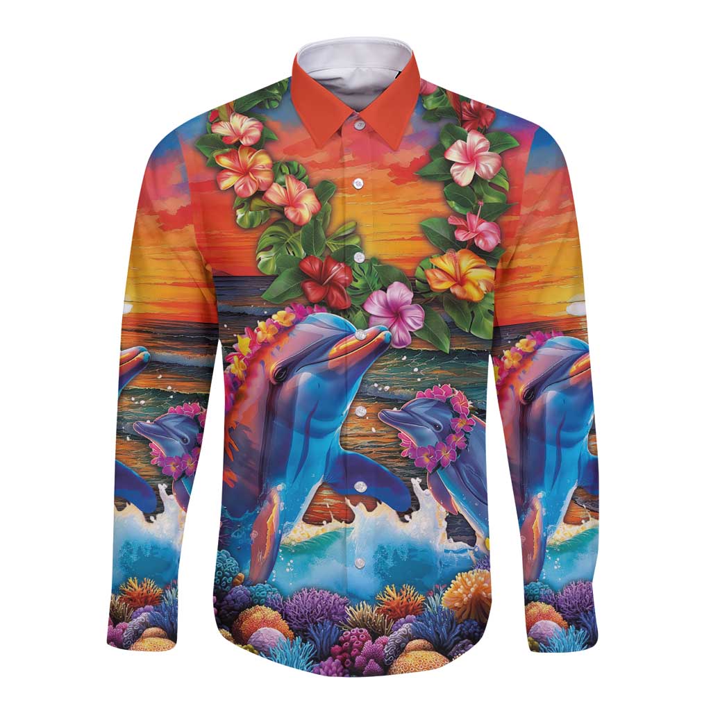 Hawaiian Lei Day Long Sleeve Button Shirt Dolphins with Colorful Corals and Romantic Sunset