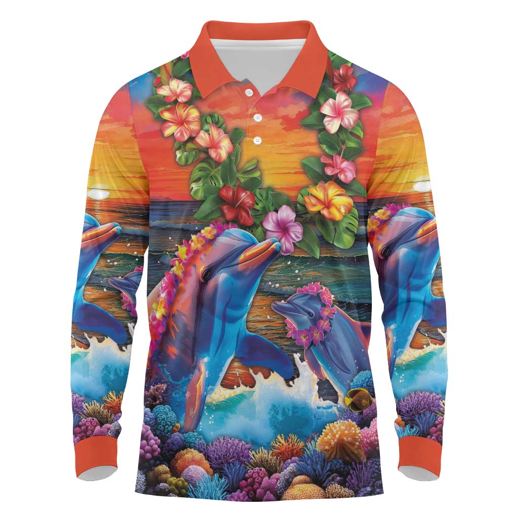 Hawaiian Lei Day Long Sleeve Polo Shirt Dolphins with Colorful Corals and Romantic Sunset