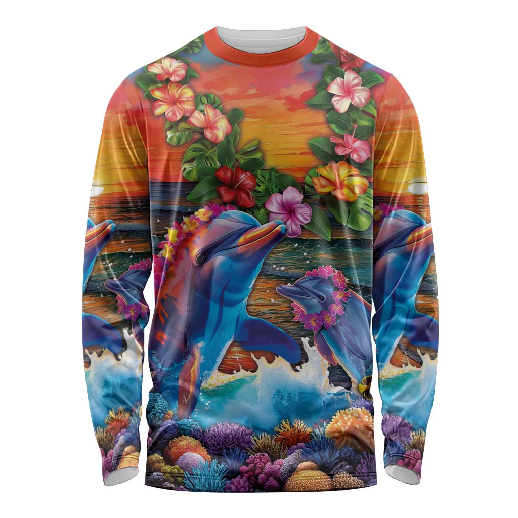 Hawaiian Lei Day Long Sleeve Shirt Dolphins with Colorful Corals and Romantic Sunset