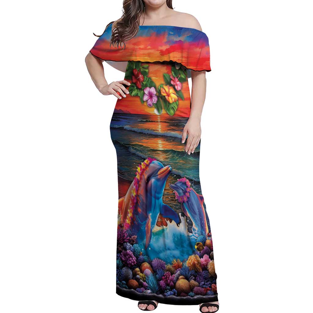 Hawaiian Lei Day Off Shoulder Maxi Dress Dolphins with Colorful Corals and Romantic Sunset