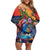 Hawaiian Lei Day Off Shoulder Short Dress Dolphins with Colorful Corals and Romantic Sunset