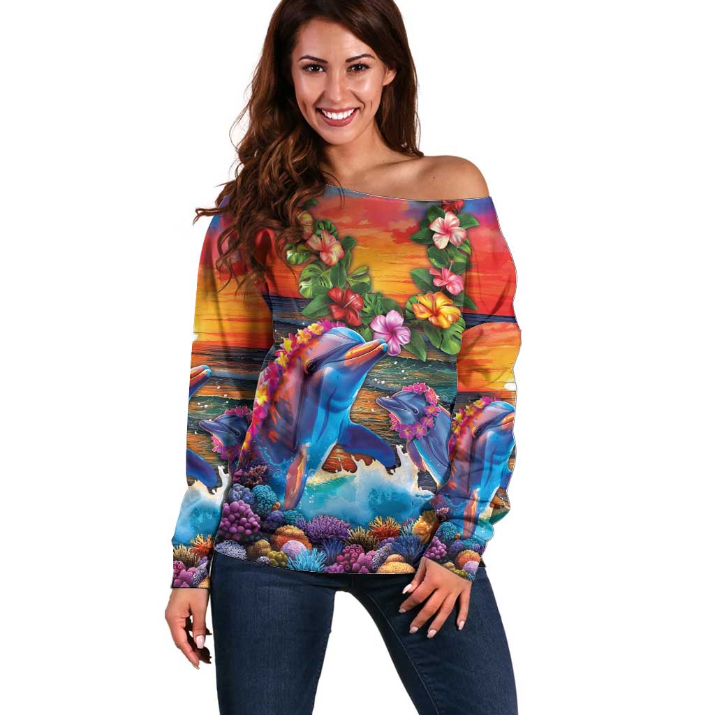 Hawaiian Lei Day Off Shoulder Sweater Dolphins with Colorful Corals and Romantic Sunset