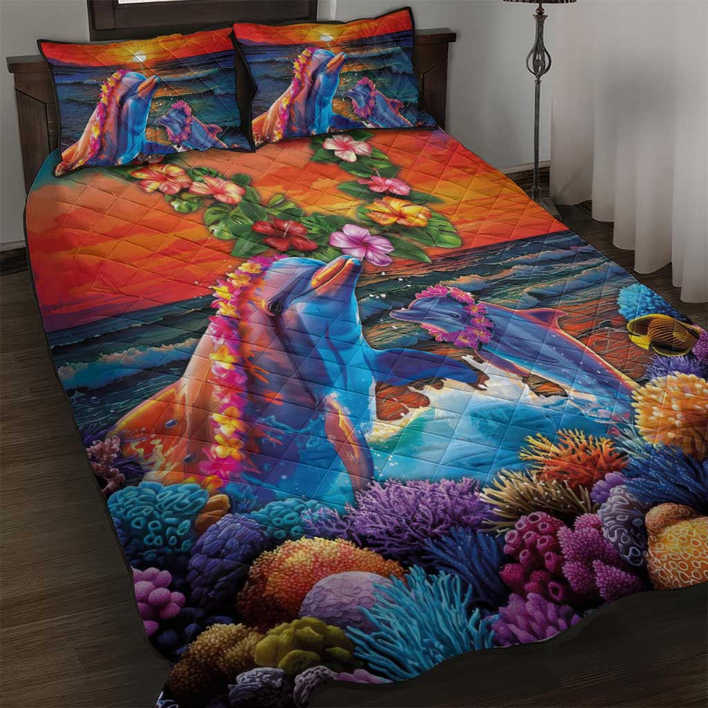 Hawaiian Lei Day Quilt Bed Set Dolphins with Colorful Corals and Romantic Sunset