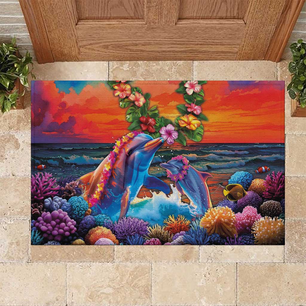 Hawaiian Lei Day Rubber Doormat Dolphins with Colorful Corals and Romantic Sunset