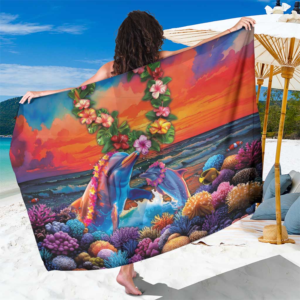 Hawaiian Lei Day Sarong Dolphins with Colorful Corals and Romantic Sunset