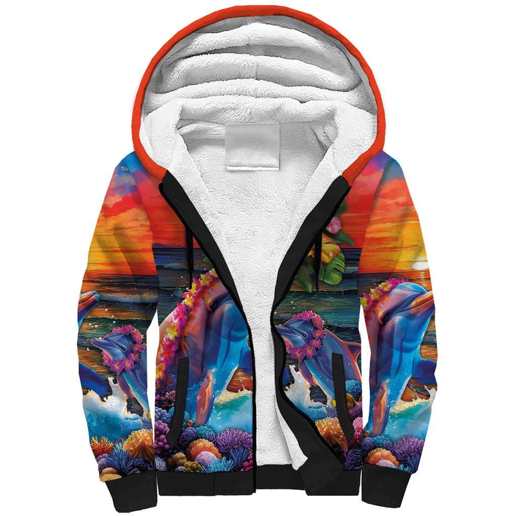 Hawaiian Lei Day Sherpa Hoodie Dolphins with Colorful Corals and Romantic Sunset