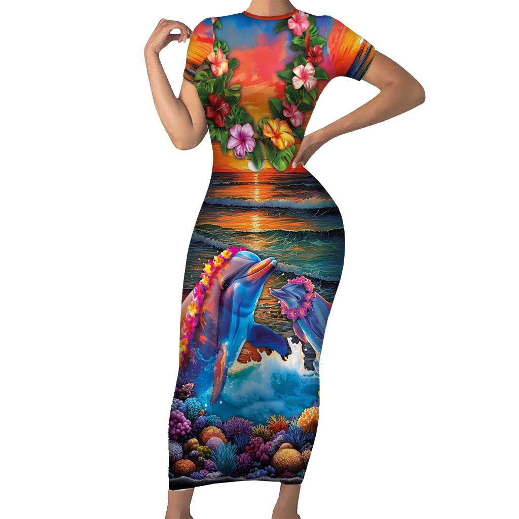 Hawaiian Lei Day Short Sleeve Bodycon Dress Dolphins with Colorful Corals and Romantic Sunset