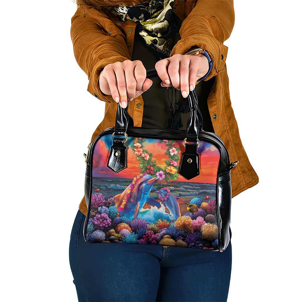 Hawaiian Lei Day Shoulder Handbag Dolphins with Colorful Corals and Romantic Sunset