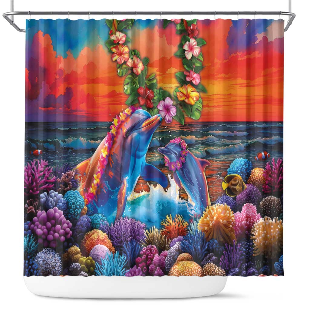 Hawaiian Lei Day Shower Curtain Dolphins with Colorful Corals and Romantic Sunset