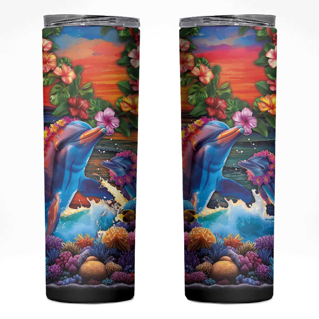 Hawaiian Lei Day Skinny Tumbler Dolphins with Colorful Corals and Romantic Sunset