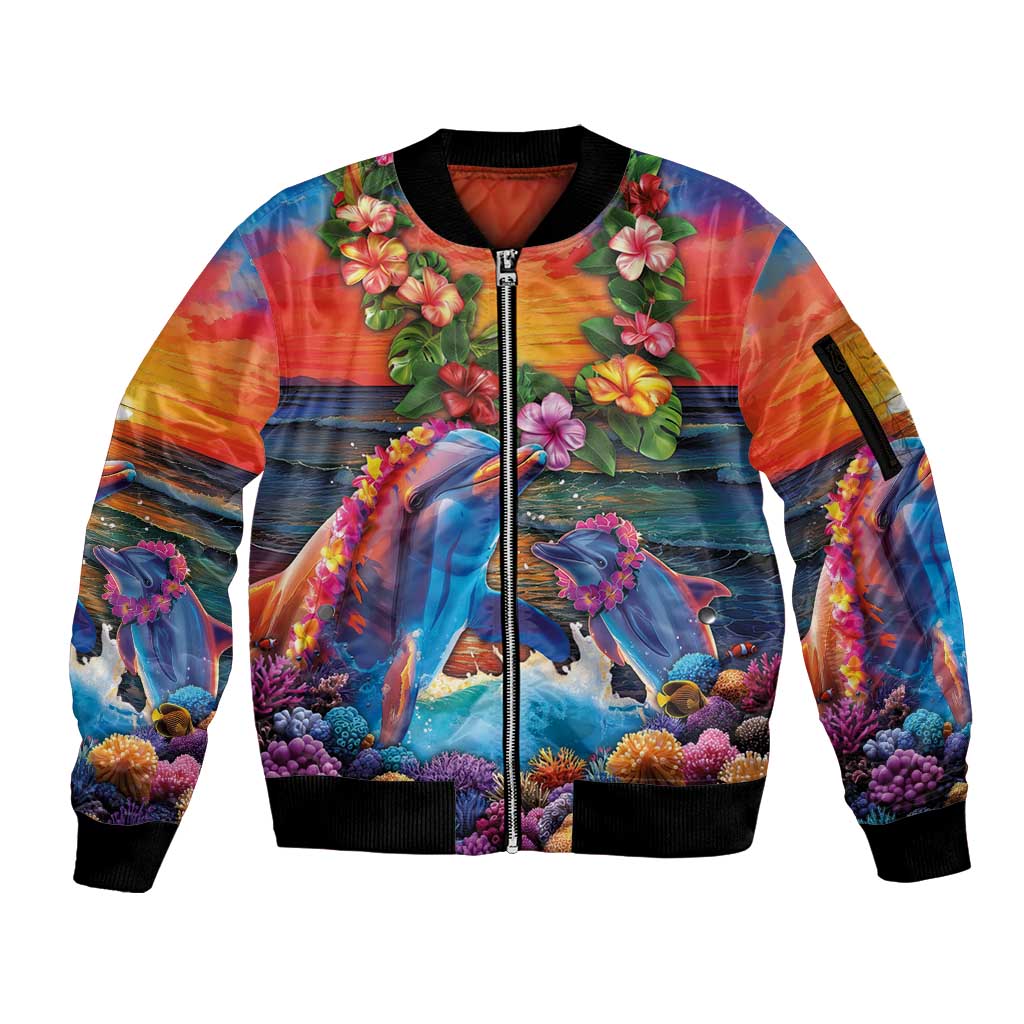 Hawaiian Lei Day Sleeve Zip Bomber Jacket Dolphins with Colorful Corals and Romantic Sunset