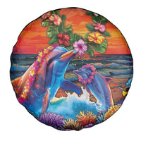 Hawaiian Lei Day Spare Tire Cover Dolphins with Colorful Corals and Romantic Sunset