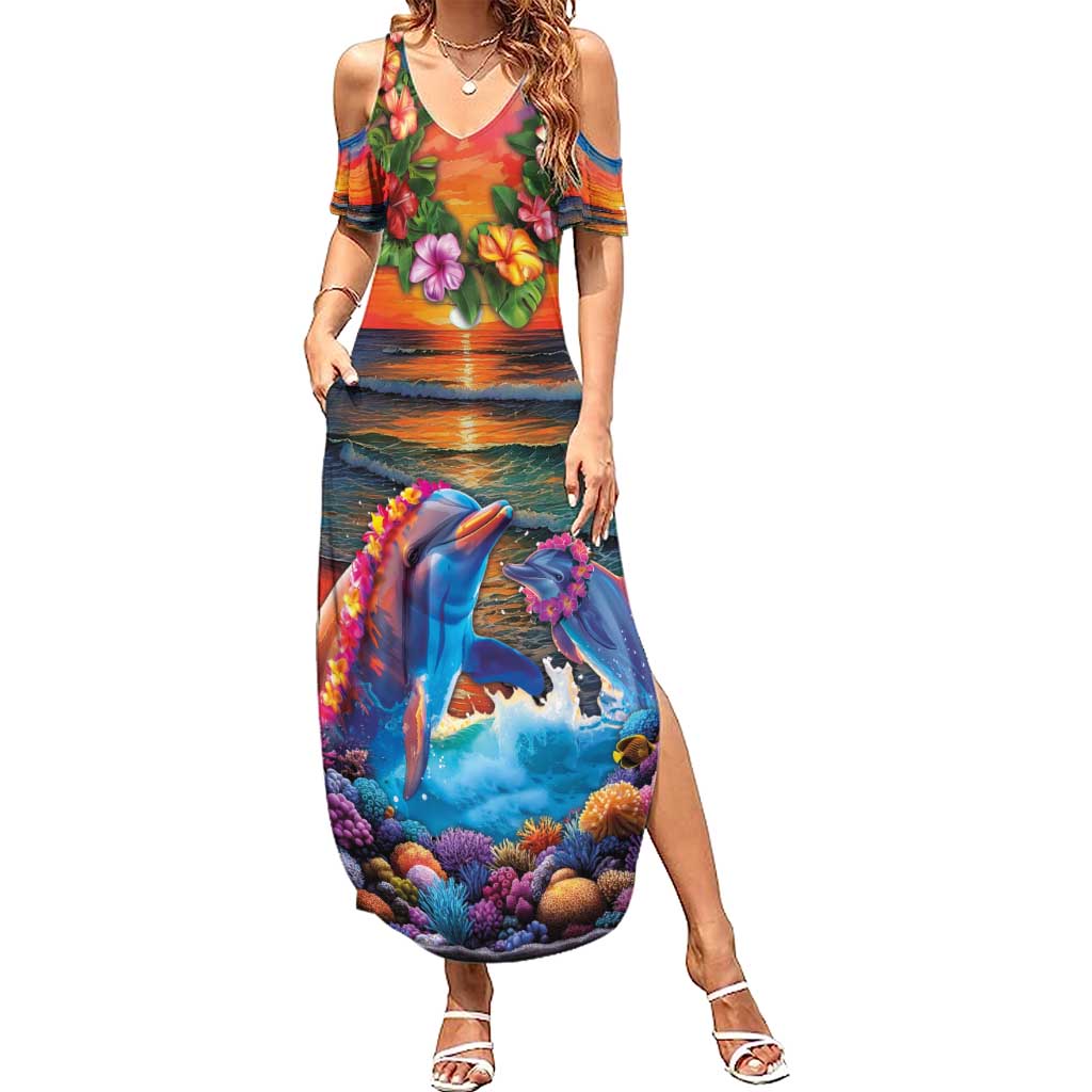 Hawaiian Lei Day Summer Maxi Dress Dolphins with Colorful Corals and Romantic Sunset