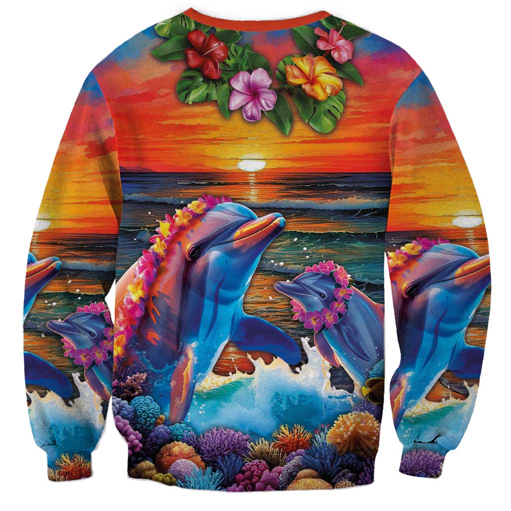 Hawaiian Lei Day Sweatshirt Dolphins with Colorful Corals and Romantic Sunset