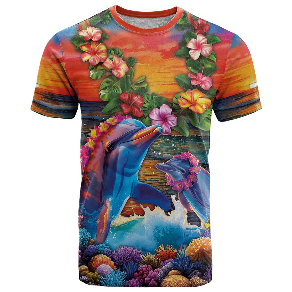 Hawaiian Lei Day T Shirt Dolphins with Colorful Corals and Romantic Sunset