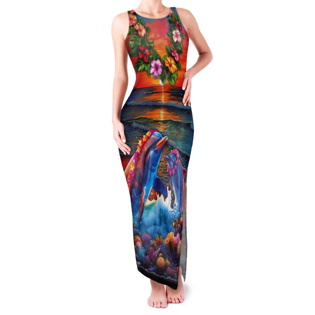 Hawaiian Lei Day Tank Maxi Dress Dolphins with Colorful Corals and Romantic Sunset