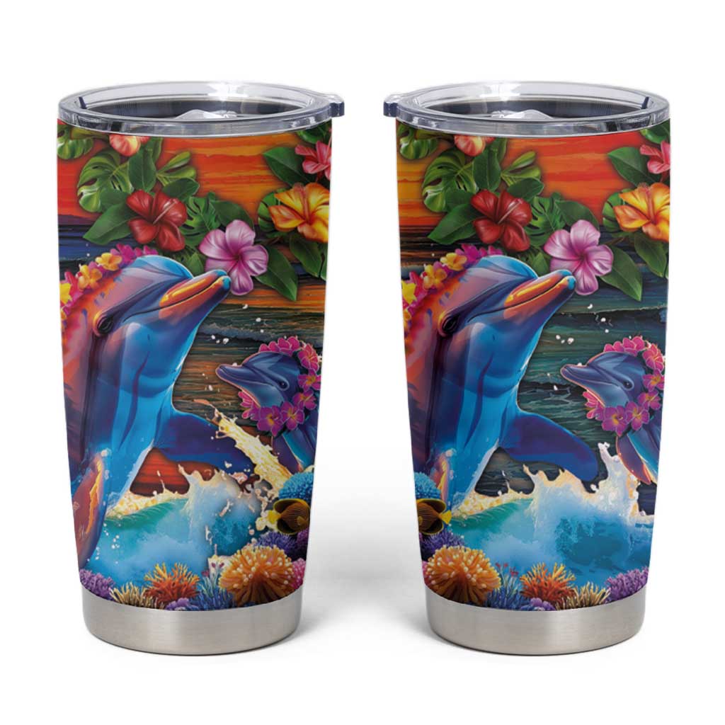 Hawaiian Lei Day Tumbler Cup Dolphins with Colorful Corals and Romantic Sunset