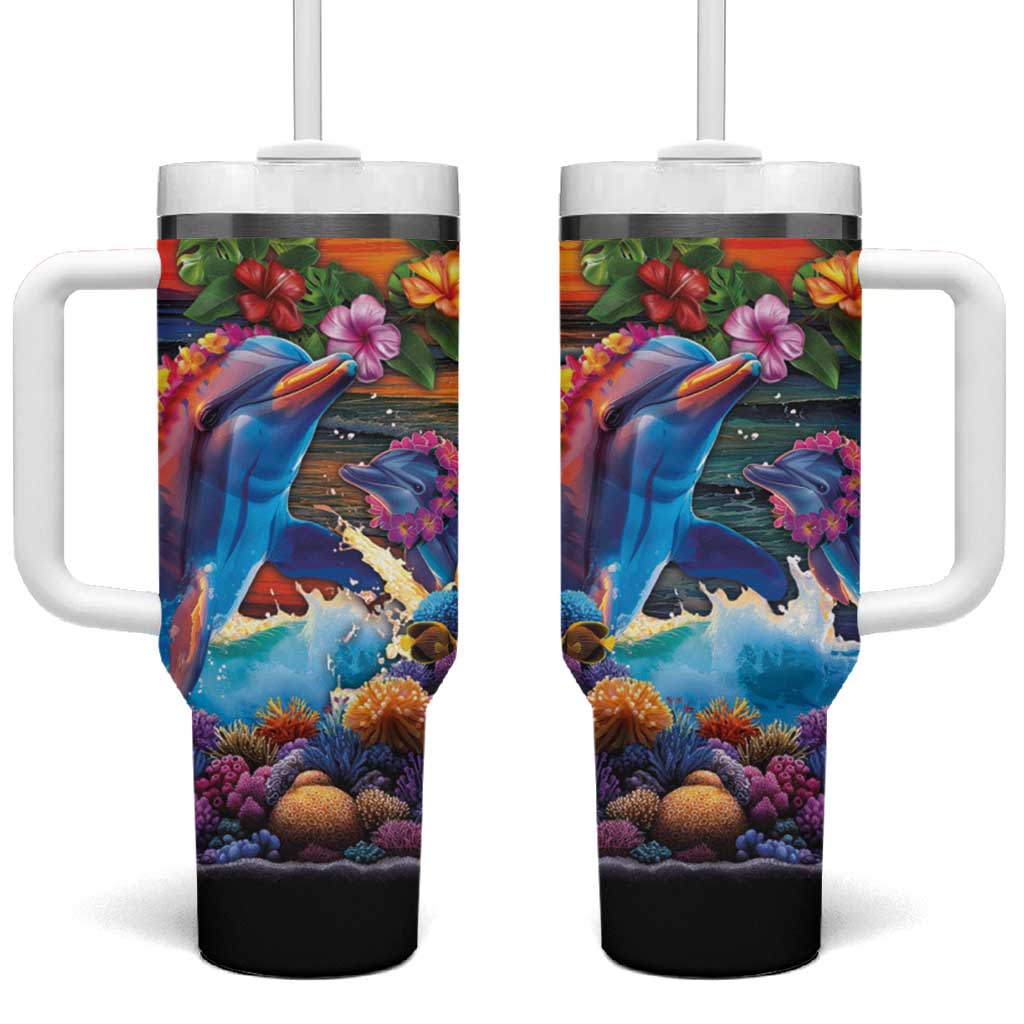 Hawaiian Lei Day Tumbler With Handle Dolphins with Colorful Corals and Romantic Sunset