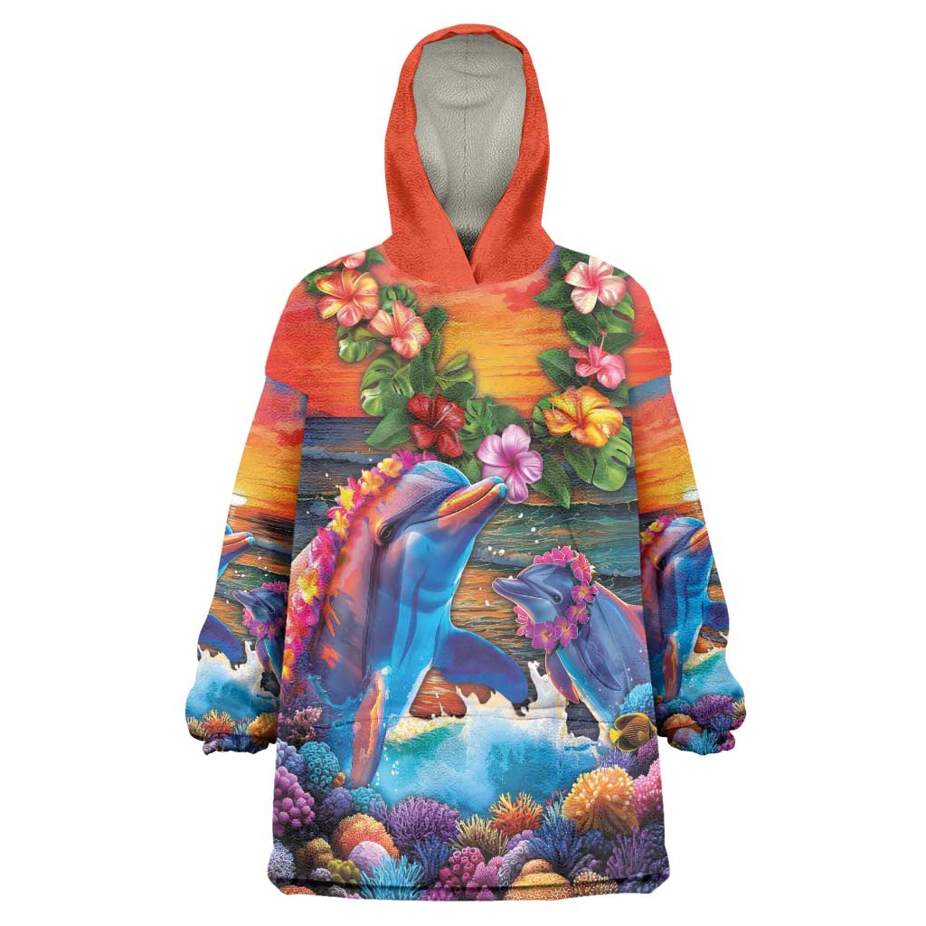 Hawaiian Lei Day Wearable Blanket Hoodie Dolphins with Colorful Corals and Romantic Sunset