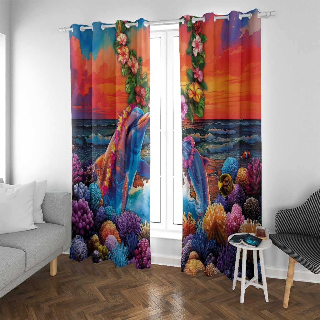 Hawaiian Lei Day Window Curtain Dolphins with Colorful Corals and Romantic Sunset