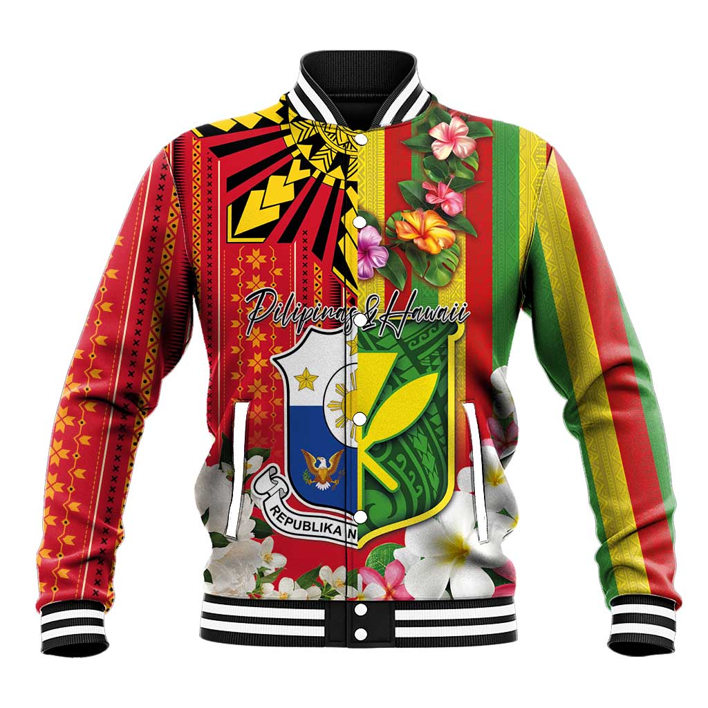 Personalised Hawaii and Philippines Together Baseball Jacket The Emblems with Cultural Symbols Green-Yellow-Red Tricolor