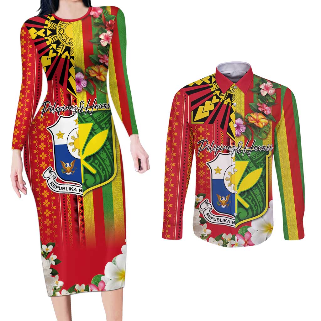 Personalised Hawaii and Philippines Together Couples Matching Long Sleeve Bodycon Dress and Long Sleeve Button Shirt The Emblems with Cultural Symbols Green-Yellow-Red Tricolor