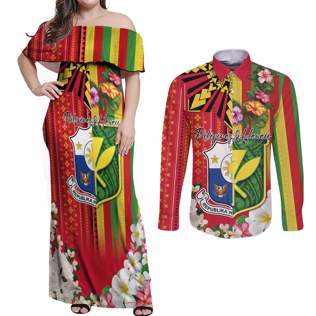 Personalised Hawaii and Philippines Together Couples Matching Off Shoulder Maxi Dress and Long Sleeve Button Shirt The Emblems with Cultural Symbols Green-Yellow-Red Tricolor